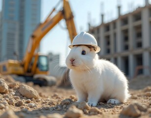 A rabbit wearing a hard hat on a construction site.
