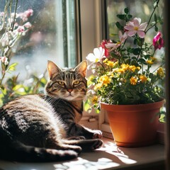 Cat Relaxing by Window Surrounded by Colorful Flowers and Plants