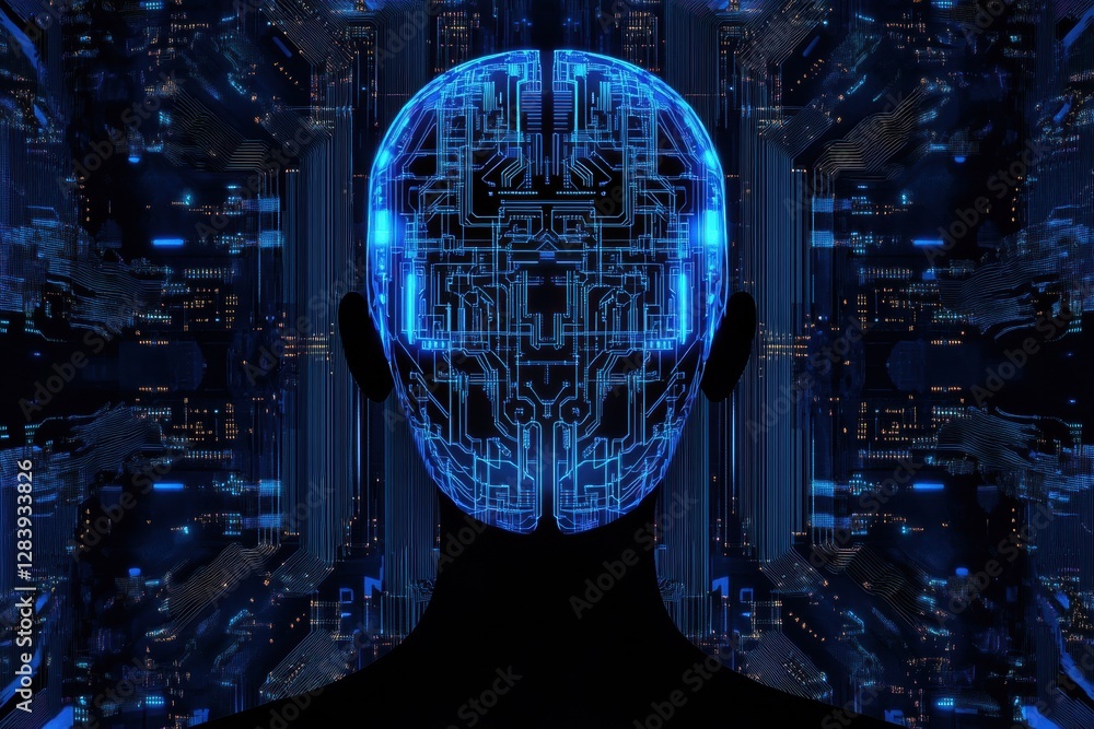 Poster Silhouette of a human head with glowing neon circuits representing advanced AI technology. Generative AI