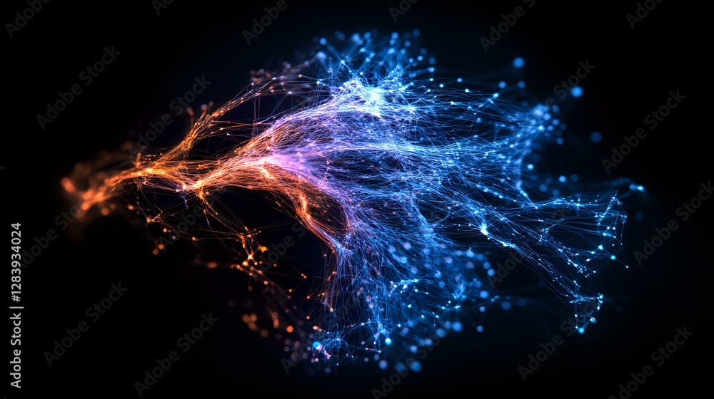 Poster glowing orange and blue neural network visualization with branching connections and light particles 