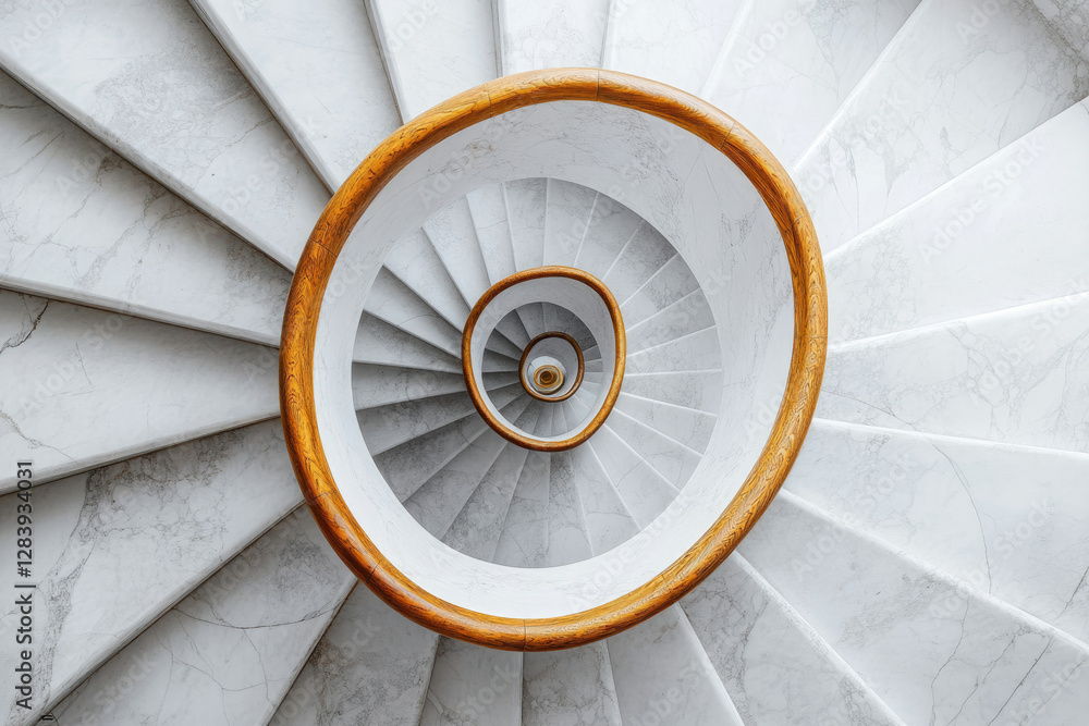 Poster a mesmerizing spiral staircase crafted from elegant marble and warm wood, creating a visually stunni
