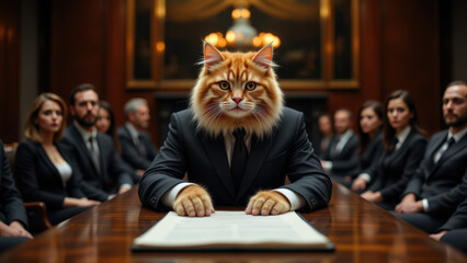 Cat sitting at a board meeting wearing suit with paw on desk.