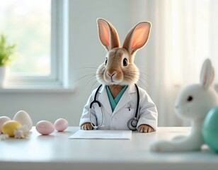 Rabbit in doctor costume with stethoscope