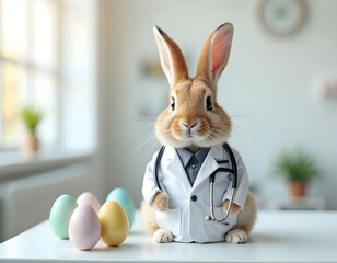 Rabbit in doctor costume with stethoscope