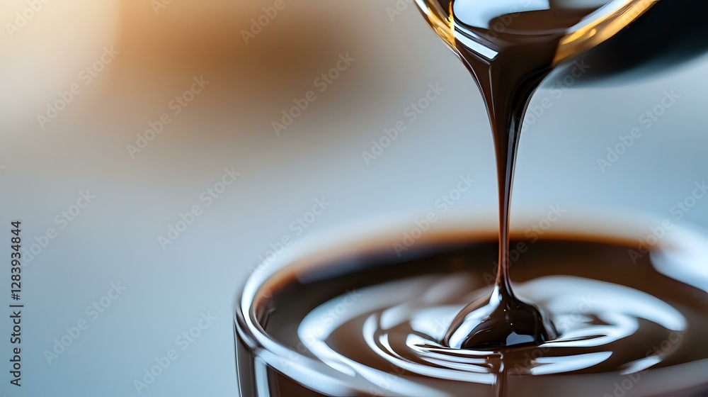 Aufkleber dark chocolate sauce pouring in slow motion creating concentric ripples and circles, macro food phot