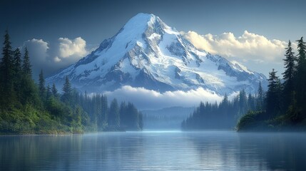 Majestic mountain reflecting on tranquil lake at dawn