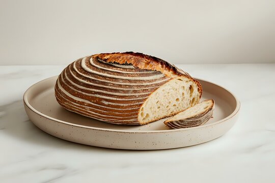 Fresh artisanal sourdough bread with distinctive spiral scoring pattern on ceramic plate, partially sliced showing airy crumb structure against white background. - Powered by Adobe