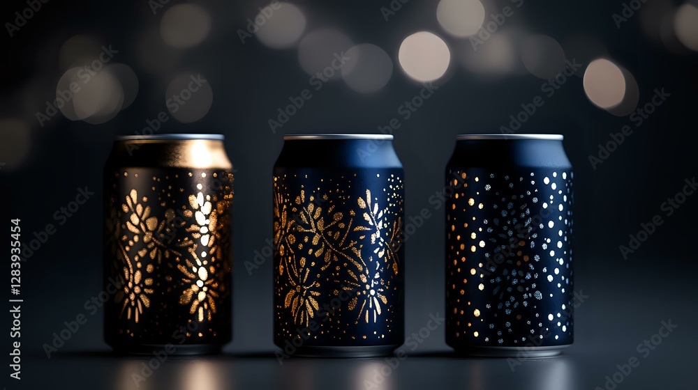 Poster decorative metal cans with intricate cutout patterns creating glowing light effects against dark bac