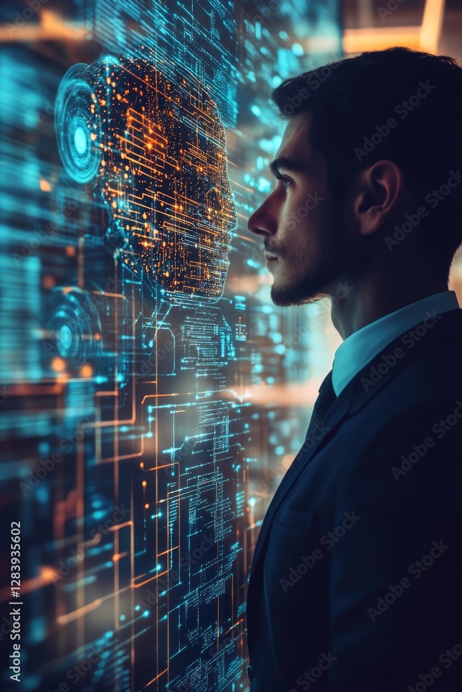 Poster ai technology, artificial intelligence in work to help maximize efficiency, businessman uses ai tech