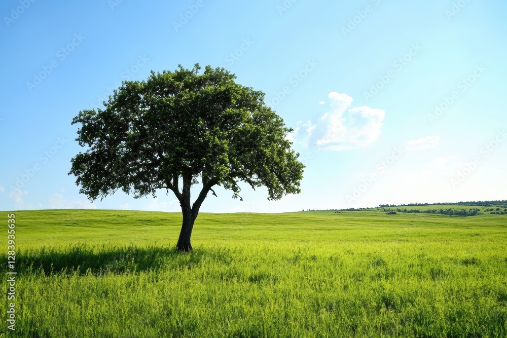 Aufkleber lone tree standing tall in a vibrant green meadow under a clear blue sky during daylight. generative