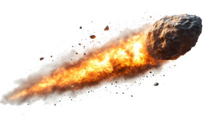 Fiery Asteroid Entering Earth's Atmosphere with Blazing Trail on transparent background