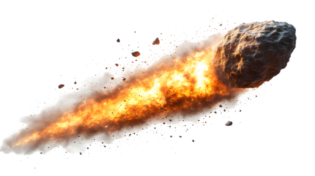 Fiery Asteroid Entering Earth's Atmosphere with Blazing Trail on transparent background
