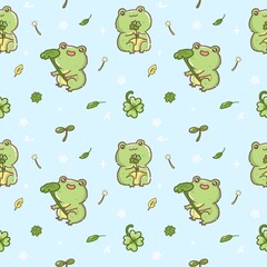 Kawaii frog cartoon character seamless pattern isolated on background