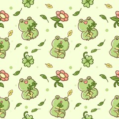 Kawaii frog cartoon character seamless pattern isolated on background