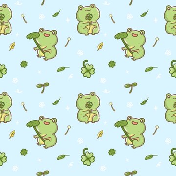 Kawaii frog cartoon character seamless pattern isolated on background