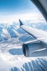Airplane flying low over snowy mountains and preparing for landing to the airport, view from plane window of wing turbine and skyline