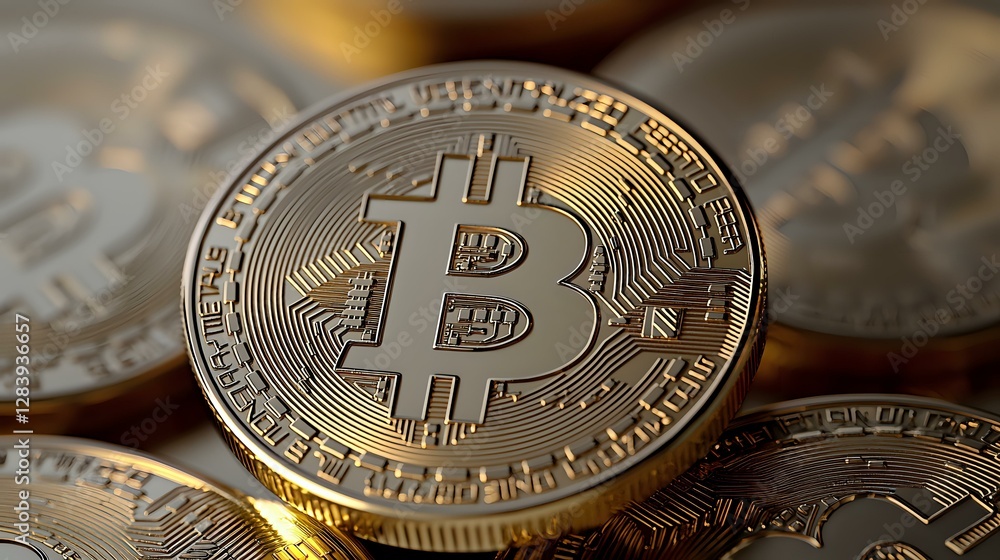Poster macro view of golden cryptocurrency coins with shallow depth of field showing fine details and metal