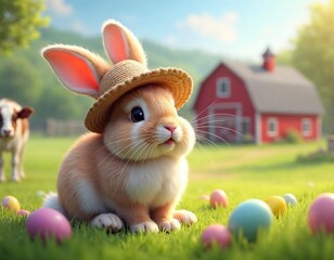 Adorable rabbit sitting in a vibrant farm with a soft green grass surrounded by vibrant Easter eggs.