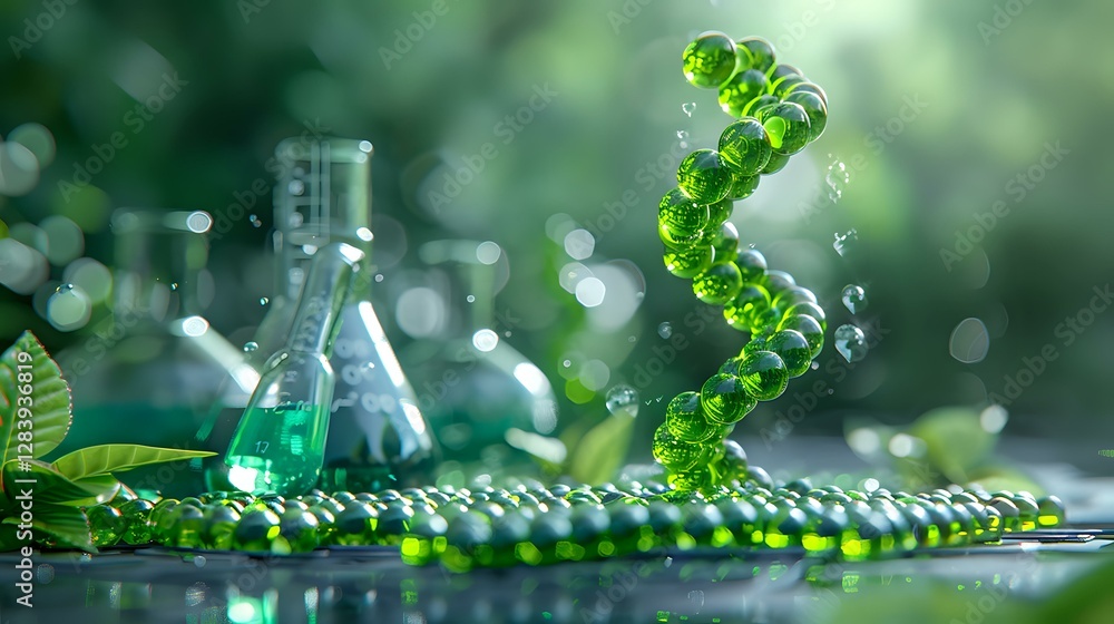 Poster green dna helix made of water drops and spheres with laboratory glassware in background, science con
