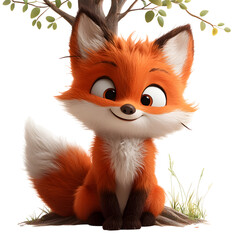 Obraz premium Fluffy 3D Cartoon Fox with Soft Bushy Tail Sitting in the Grass Isolated on Transparent Background