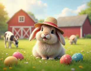 Adorable rabbit sitting in a vibrant farm with a soft green grass surrounded by vibrant Easter eggs.