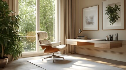 Fototapeta premium Elegant home office featuring a spacious desk, neutral color palette, minimalist decor, soft natural lighting, high resolution