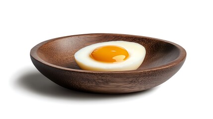 Half-sliced boiled eggs arranged artistically on a round wooden platter, highlighting the creamy yolks against a pure white.