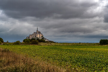 Obraz premium Cathedral At Mont Saint Michel, English Channel, Way of St. James, Route of Santiago de Compostela, Normandy, France
