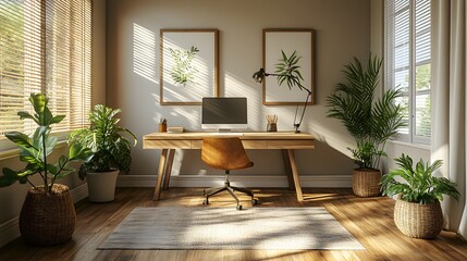 Scandinavian-inspired workspace with a minimalist desk, neutral colors, soft textures, simple and elegant decor, high resolution
