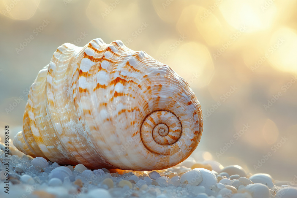 Aufkleber a large seashell rests on a beach at sunset, showcasing intricate patterns and warm colors.