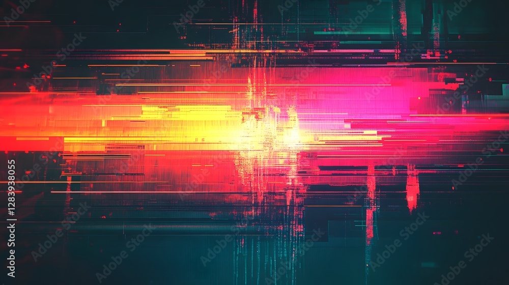 Poster Mesmerizing abstract digital art with a glitch inspired futuristic aesthetic  Vibrant colors dynamic lights and distorted digital patterns create a captivating techno organic visual experience