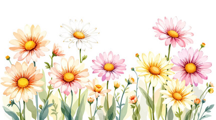 Obraz premium Watercolor white daisies with a yellow center on a white background. Background, pattern 