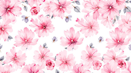 Pink watercolor flowers seamless pattern transparent background	