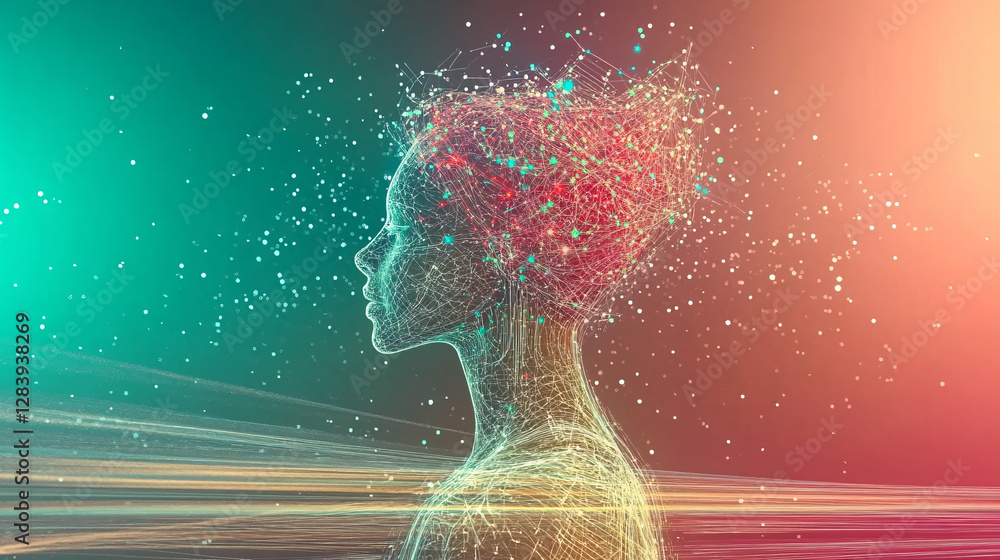 Poster futuristic human head composed of glowing digital neural particles representing artificial intellige