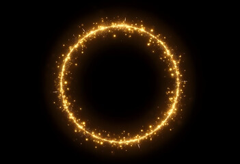 A golden glitter circle of light sparkles on black background. Golden spark particles form circular frame. Christmas magic stars glow. Glittery ring shimmers, shines. Perfect for holiday design