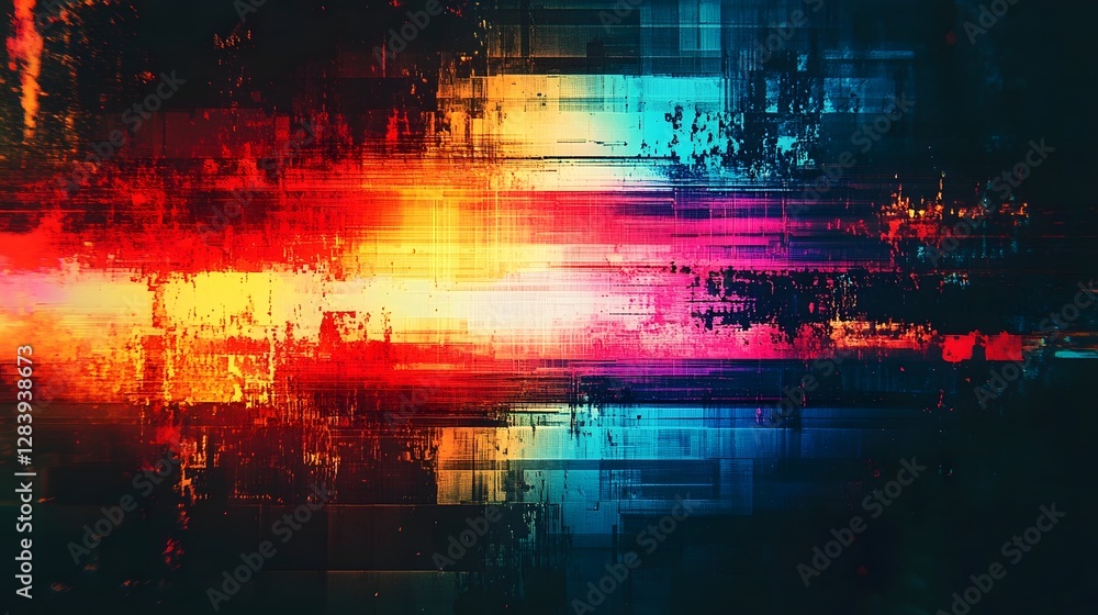 Poster Mesmerizing Abstract Digital Art with Vivid Glitch Effects and Futuristic Visualizations  Digitally rendered image featuring a striking dynamic composition of abstract shapes patterns