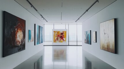 Art exhibition highlights contemporary works modern gallery visual arts bright space wide angle creative expression