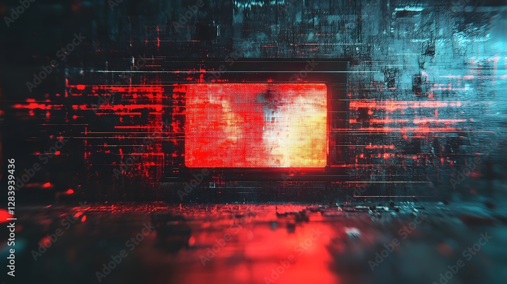 Poster Mesmerizing abstract digital artwork featuring a surreal matrix like glitch effect with vibrant neon colors dynamic data patterns and a captivating sense of technological distortion and interference