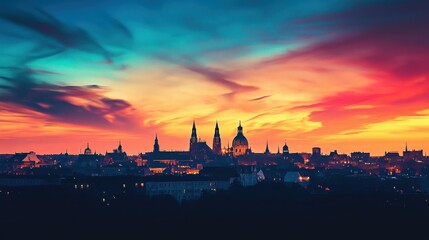 Obraz premium Stunning sunset over historic city skyline urban landscape nature photography vibrant colors panoramic view serene ambiance