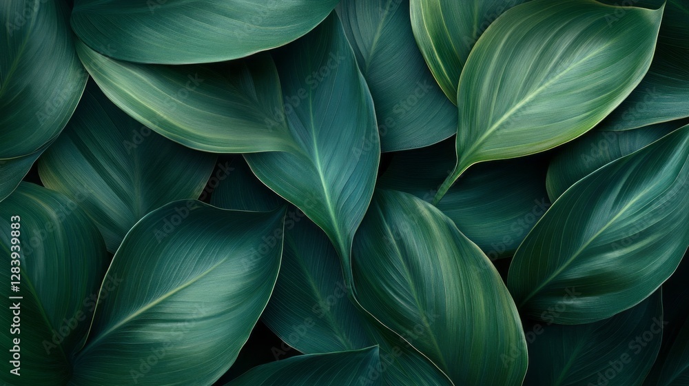 Poster glimmers of sunlight filter through a dense arrangement of overlapping palm leaves, creating a lush 