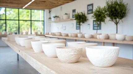Modern plant pot display, light-filled showroom