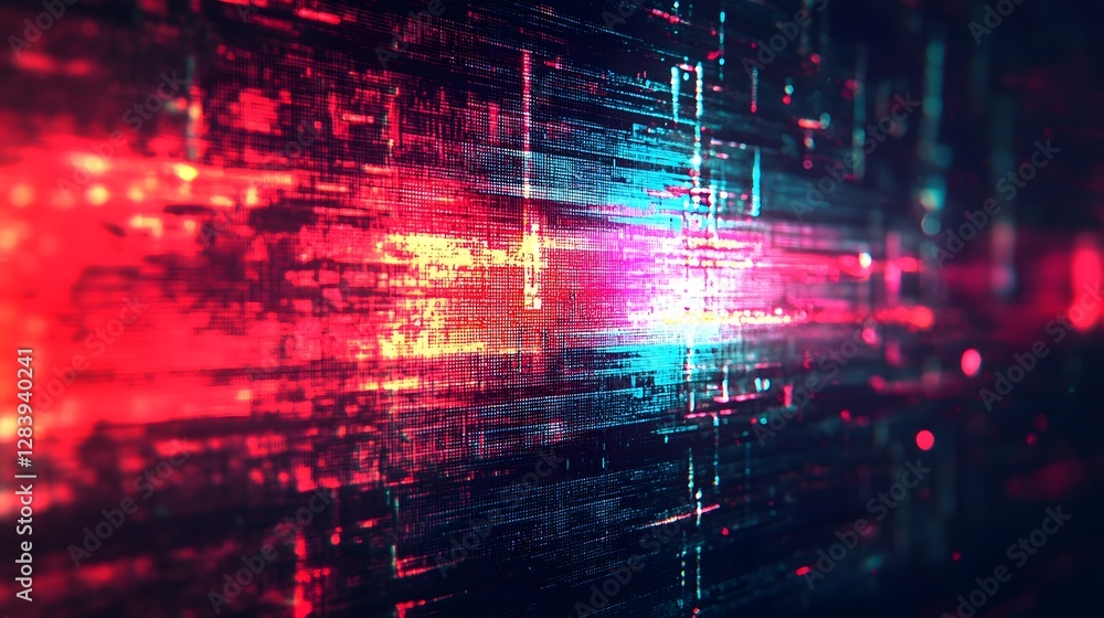 Poster Mesmerizing abstract digital backdrop with dynamic glitch neon lights futuristic geometric patterns and captivating cyberpunk inspired visual effects