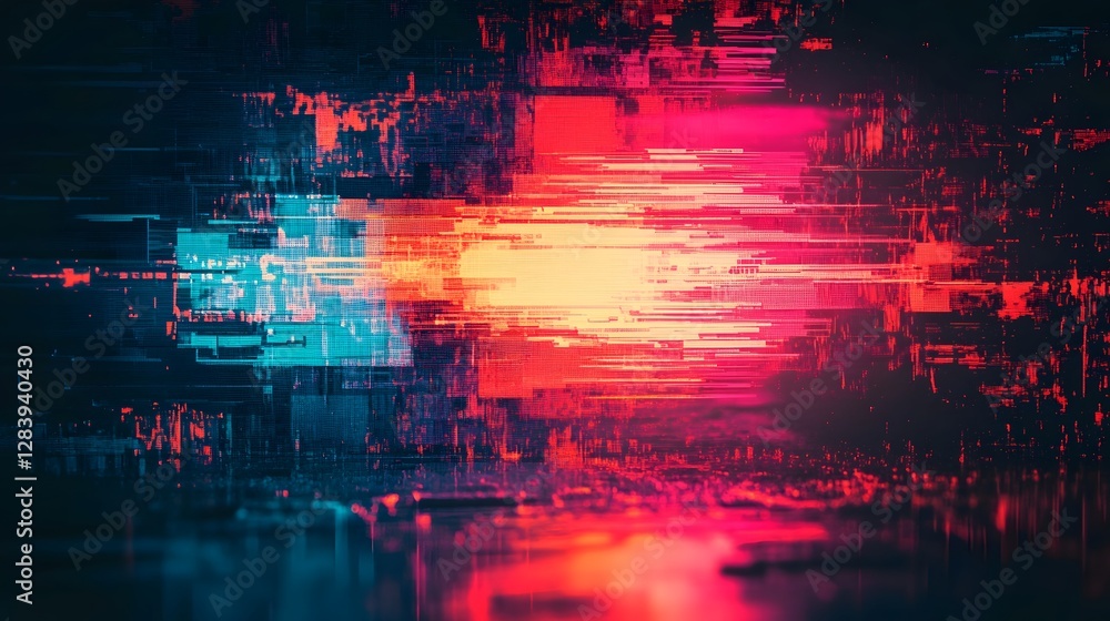 Fototapete Mesmerizing abstract digital glitch art with a dynamic futuristic techno aesthetic  Vibrant neon hues bold geometric patterns and distorted lines create an eye catching immersive visual experience