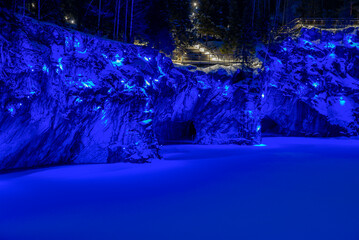 Grottos of the Marble Canyon in winter night. Ruskeal, Karelia, Russia