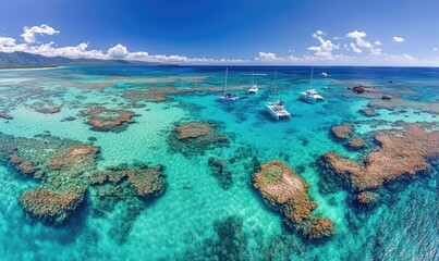 Tropical Catamarans Anchored in Coral Reef
