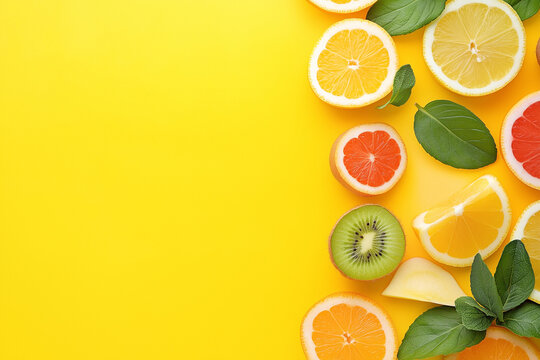 fresh fruits on a yellow background with copy space