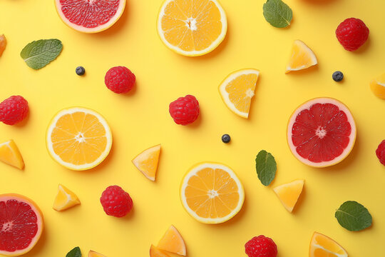 colourful pattern with fruits on yellow background