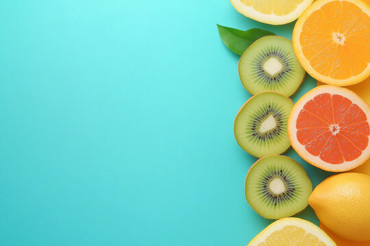 fresh fruits on a blue background with copy space