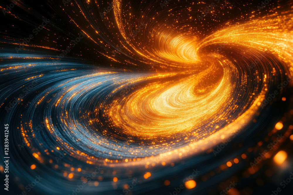 Poster a mesmerizing swirl of golden and blue light strands, creating a cosmic vortex effect.