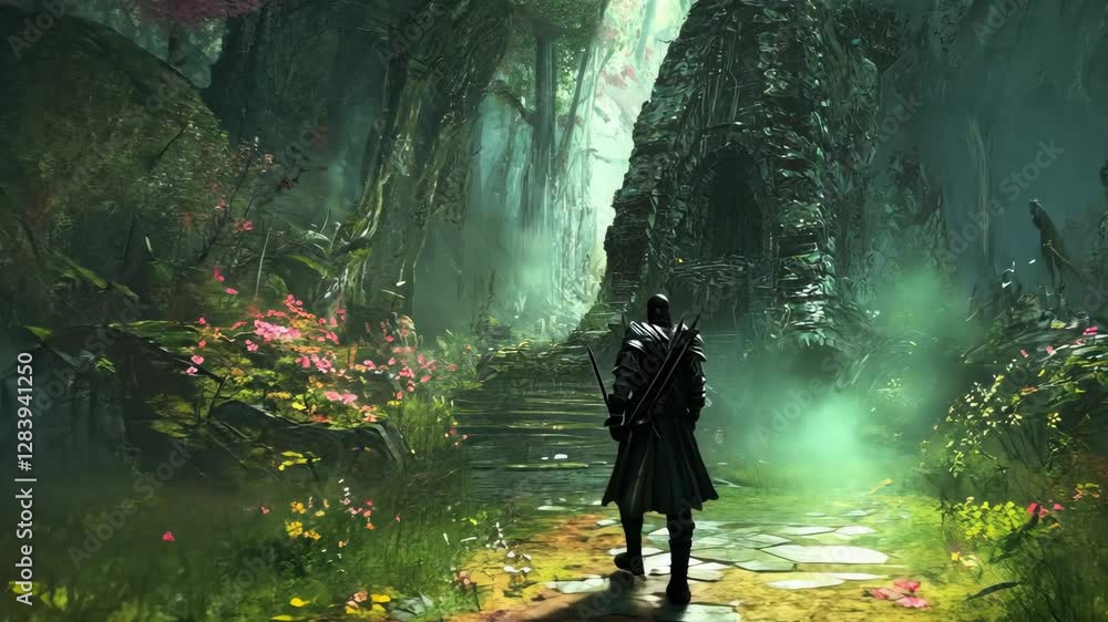 Aufkleber mysterious figure walking through an enchanting forest towards an ancient stone structure surrounded